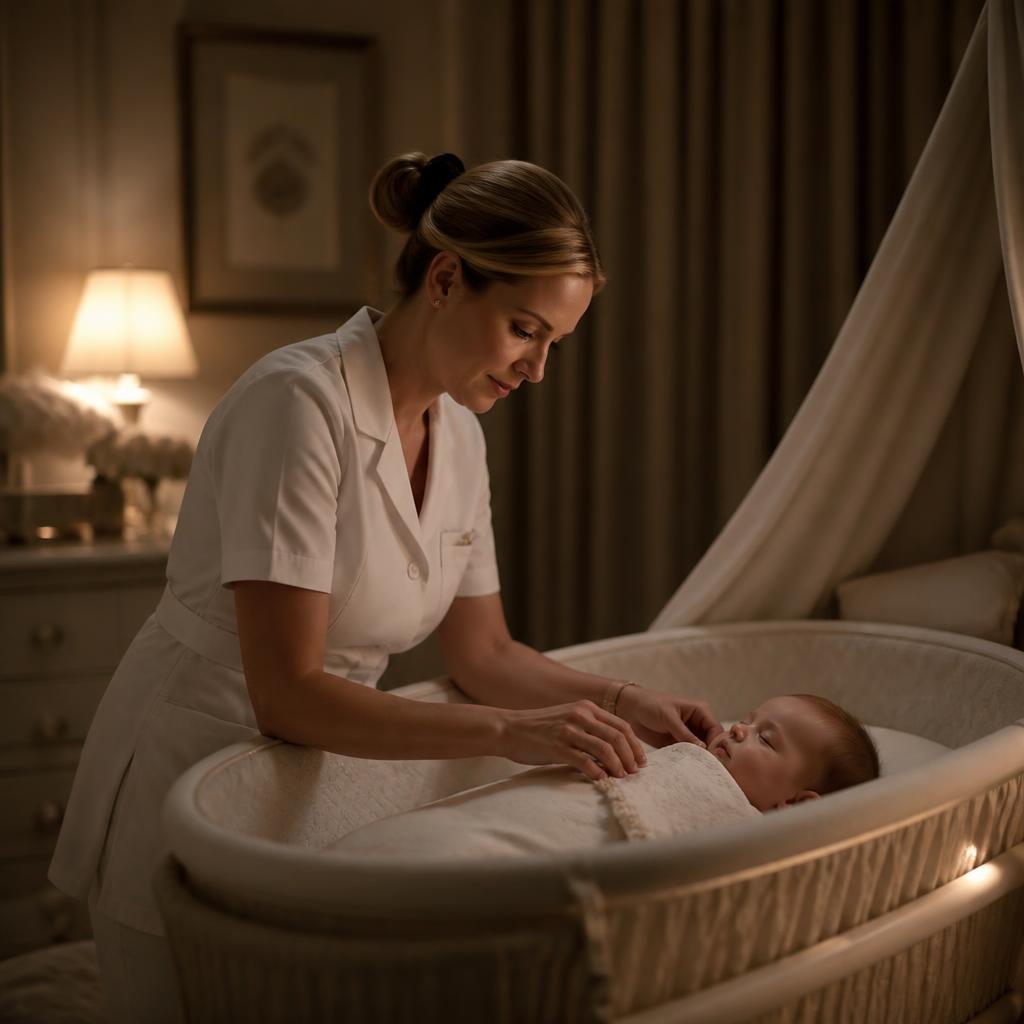 Peaceful sleeping infant in a softly lit luxury nursery with a caregiver&rsquo;s gentle hand